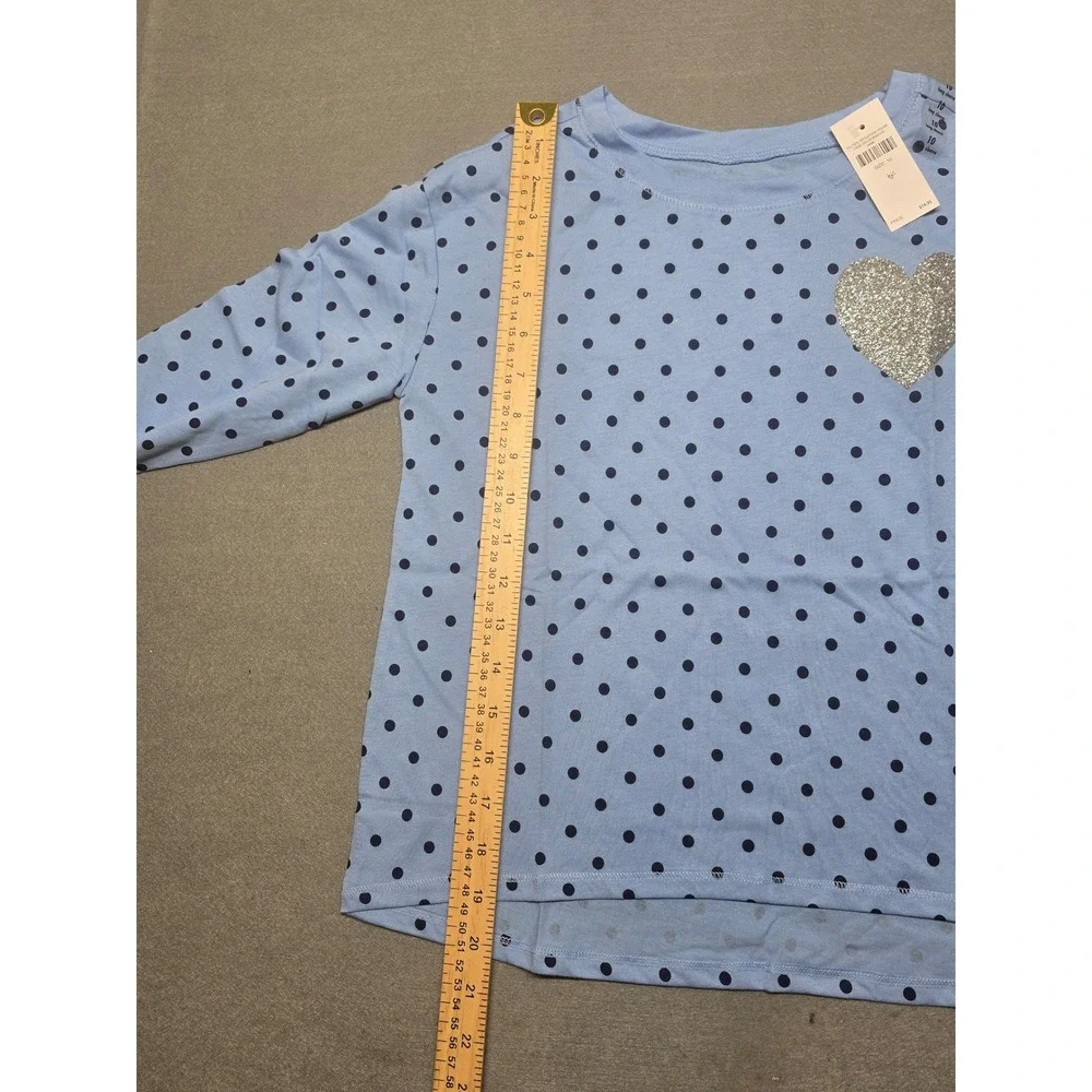 Justice Girls Blue Polka Dot Long Sleeve Top Glitter Heart Size 10 NEW